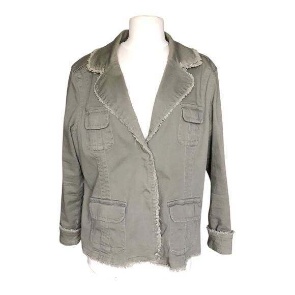 Live a Little Cotton Fringed Jacket Olive Green Snap Button Women's Size XL - Picture 1 of 12